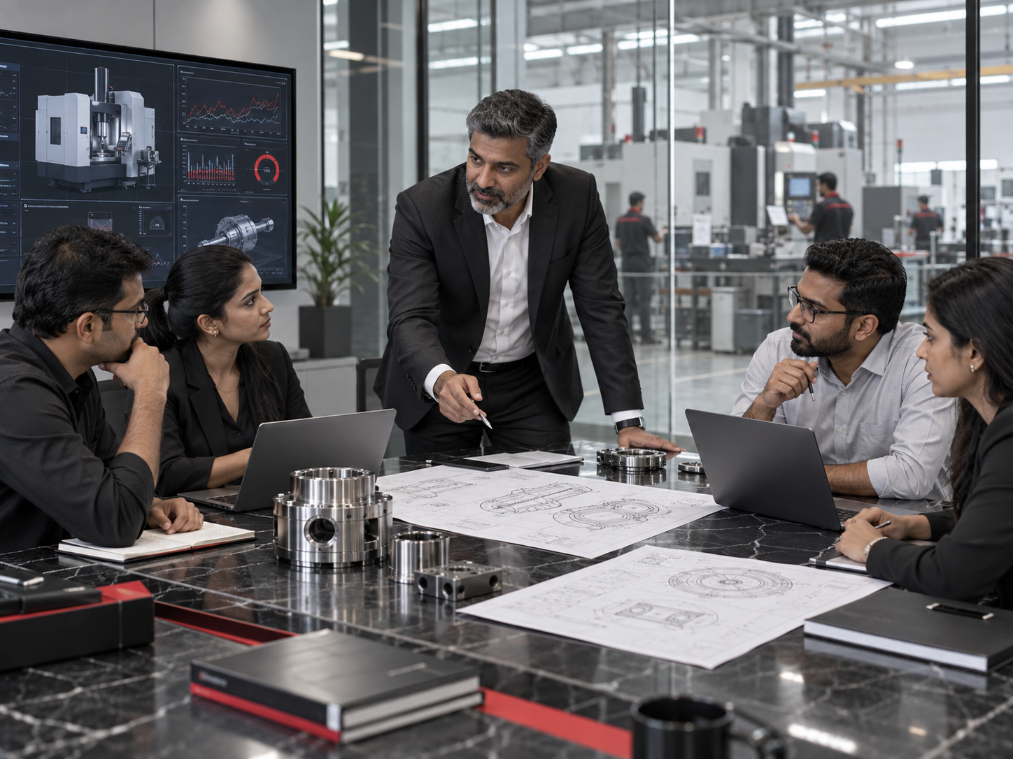 Nexus Engineering Leadership Reviewing Blueprints and Prototypes